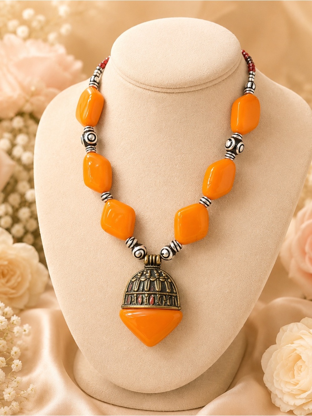 Handcrafted Orange Statement Bead Necklace - Bold Tribal Pendant